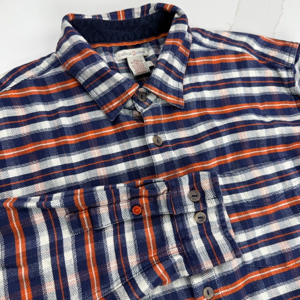 Carbon2Cobalt‎ Long Sleeve Button Up Shirt Mens Lg Blue Orange Plaid Heavyweight